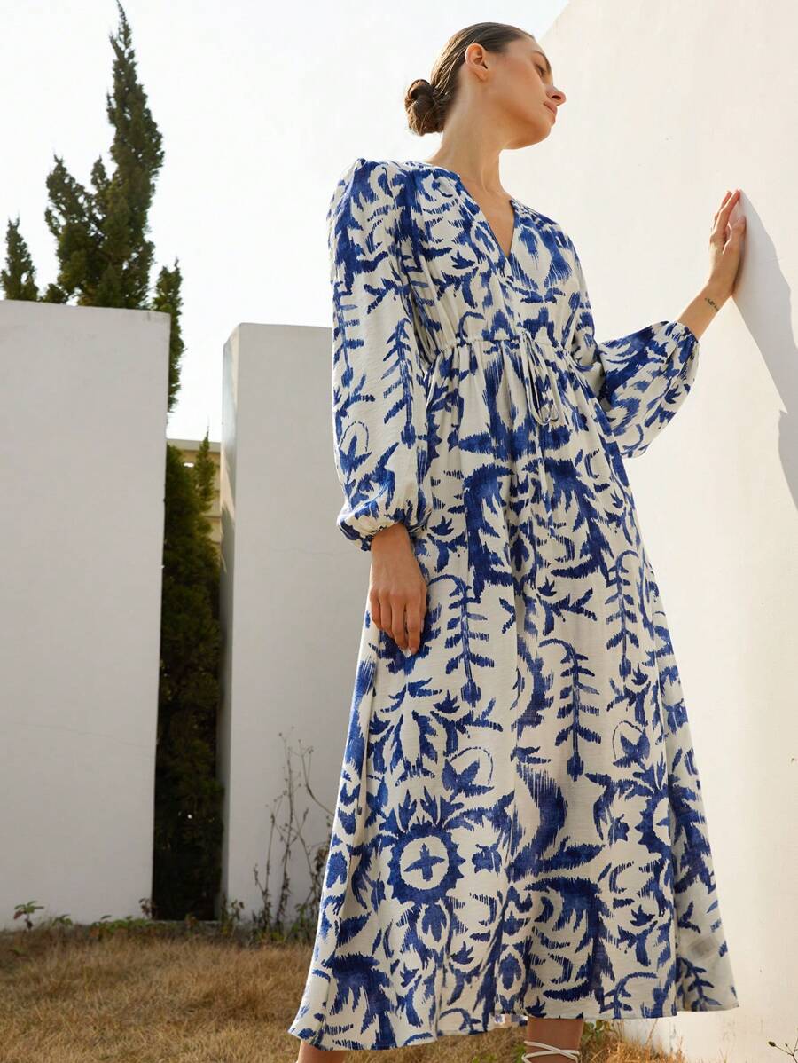 Aveloria Modichic European And American Style Elegant Luxury Elegant Lantern Sleeve V-Neck Cinched Waist A-Line Women Long Dress
