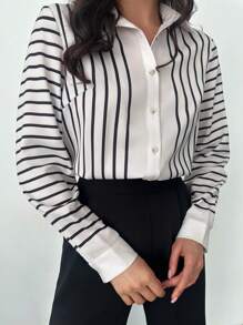 SHEIN Privé Ladies Spring Summer Elegant Romantic Fashion Commuter Sexy Fashion Office Black And White Striped Long Sleeve Shirt, Vacation Wear, Romantic Dating And Wedding Birthday Women's Clothing, Easter - Black and White - View 1