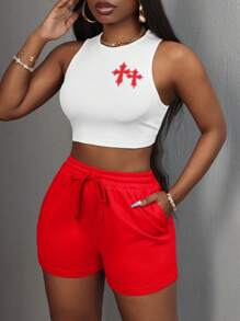 Slaydiva 夏季休闲黑橙十字印花短款上衣和宽松短裤套装 - 紅色 - 查看 2