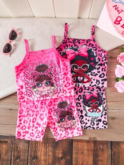 SHEIN Bộ 4 món dành cho bé gái, họa tiết da báo và hoạt hình, chất liệu dệt kim, thích hợp cho mùa hè, hoạt động thể thao ngoài trời và kỳ nghỉ.