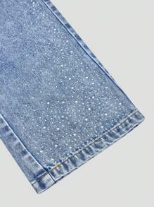 SHEIN Conjunto de 2 piezas para niñas preadolescentes con top vaquero cómodo y casual con pedrería y pantalón vaquero, ligero y perfecto para el verano - Azul lavado medio - Ver 8