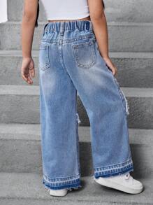 SHEIN Young Girls' Y2K Casual Everyday Ripped Star Embellished Blue Denim Jeans, Minimalist Style,Kid Girls Spring And Summer Casual Vacation Wear