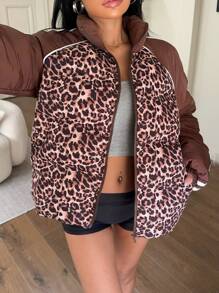 SHEIN EZwear Women's New Leopard Print Winter Jacket, Casual Simple And Fashionable For Daily Wear