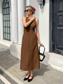 Pariaura Vestido elegante francés de un solo botonadura, unicolor, sin mangas, con cinturón para mujeres