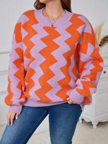 SHEIN CURVE+ Plus Size Crew Neck Long Sleeve Striped Simple Knit Sweater, Casual Everyday Wear Knit Pullover Fall Winter - Multicolor - View 5