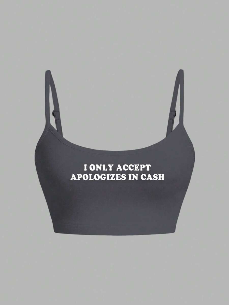 SHEIN EZwear Women's Funny Graphic Crop Top: I Only Accept Apologies In Cash,Summer Tops - Grey - View 1