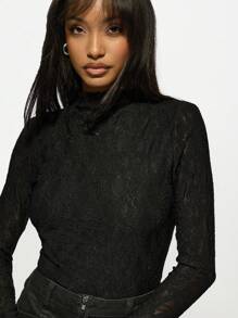 MISSGUIDED Elegant Lace Long Sleeve Bodysuit High Neck Evening Party Date Night Form-Fitting Dance Ballet Leotard With Mesh Details