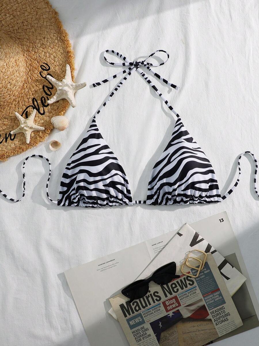 SHEIN Swim Curve Bikini tam giác gợi cảm dây mảnh họa tiết da báo cỡ lớn 2025 dành cho nữ mùa hè - Đen và trắng - Xem 1