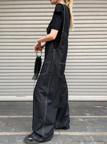 FRIFUL Women's Washed Loose Fit Denim Bib Overalls - Blue - View 6