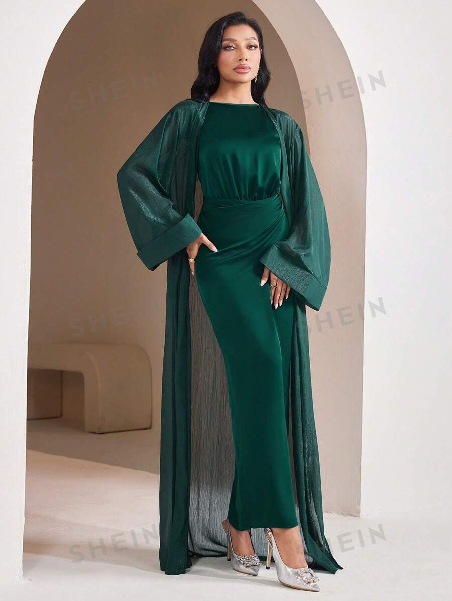 Veilorie Conjunto de bata de manga larga de unicolor y vestido plisado de estilo árabe para mujer
