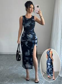 Elenzga Summer New Tie-Dye Tie Dye Mesh Slit Bodycon Dress - Multicolor - View 1