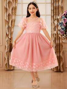 SHEIN Tween Girl 泡泡袖圆领中长花卉贴花连衣裙