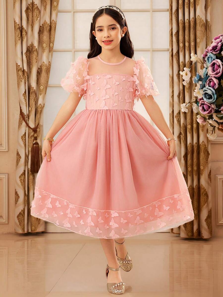 SHEIN Tween Girl 泡泡袖圆领中长花卉贴花连衣裙