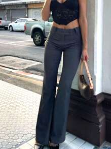 Siren Gaze 女士低腰修身喇叭裤烟管裤知性时尚博主风裤子女士办公室通勤裤复古别致女裤 - 灰色 - 查看 6