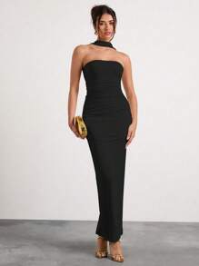 Glamine 米色露肩褶饰挂脖长裙、节日派对狂欢裙、约会夜服装、女士生日服装、情人节连衣裙 - 黑色 - 查看 6