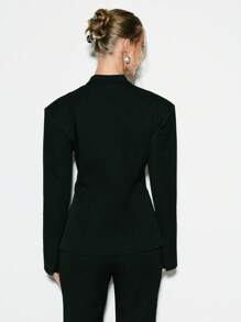 KIZN Professional Bold Shoulder Tailored Blazer With Asymmetric Button Closure, Office Work Business Conference Interview Formal Wear Blazer, Spring Fall Winter Outerwear - Black - View 2