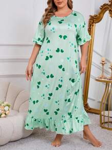 Plus Size Heart Print Ruffle Hem Short Sleeve Nightgown, Moo Moo Sleep Dress - Multicolor - View 6