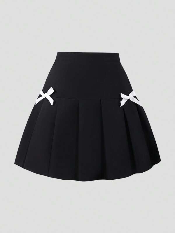 Lunivi Pleated Skirt For Tween Girls, Black Color, With White Bow Decor At Sides, Casual & Versatile Campus Style,Holiday,Summer,Travel