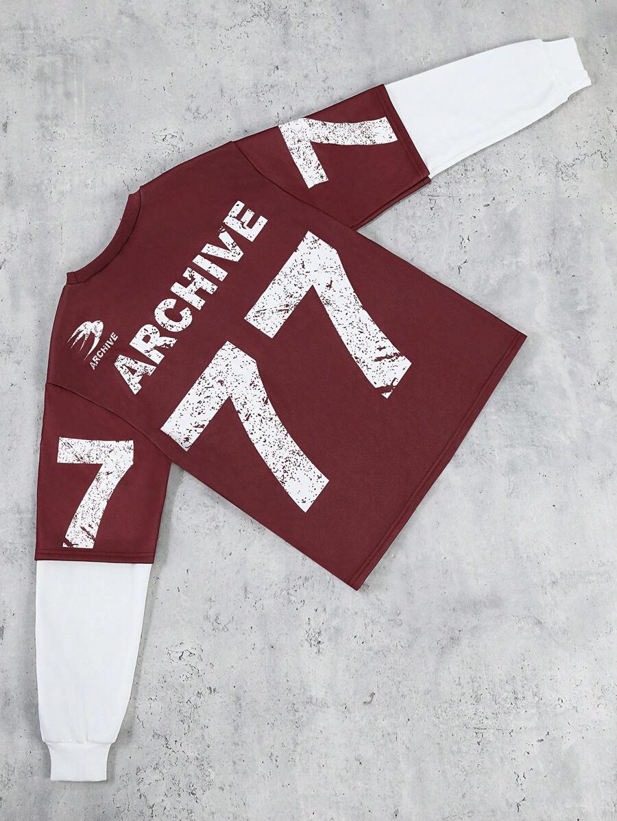 SHEIN Teen Boy Contrast Color Block Letter & Number Print Pullover Sweatshirt - Burgundy - View 1
