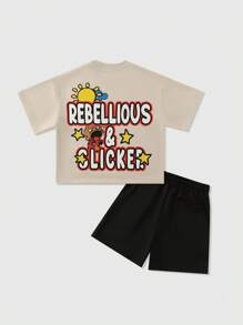 ROMWE MEN Street Life Herren Set aus Cartoon bedrucktem T-Shirt mit Boxiger Passform und Shorts
