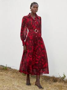 Aveloria Modichic 优雅女士长款泡泡袖花卉印花性感连衣裙，浪漫英伦风秋冬 - 彩色 - 查看 1