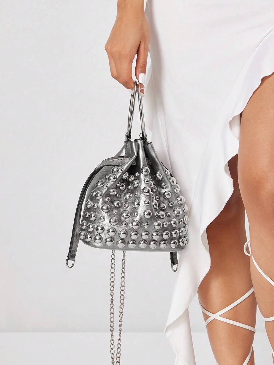SHEIN SXY 女士手提包、单肩包、流浪包、时尚、优雅、简约、个性化、多功能、经典、铆钉、适合约会、日常、购物、下午茶、鸡尾酒会、派对、舞会、俱乐部、生日、晚会、约会之夜、舞会 - 銀色 - 查看 1