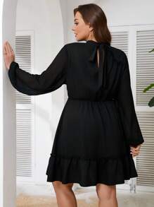 SHEIN Frenchy Plus Size Women's Tied Back Waist Patchwork Fabric Casual Black Dress - Black - View 1
