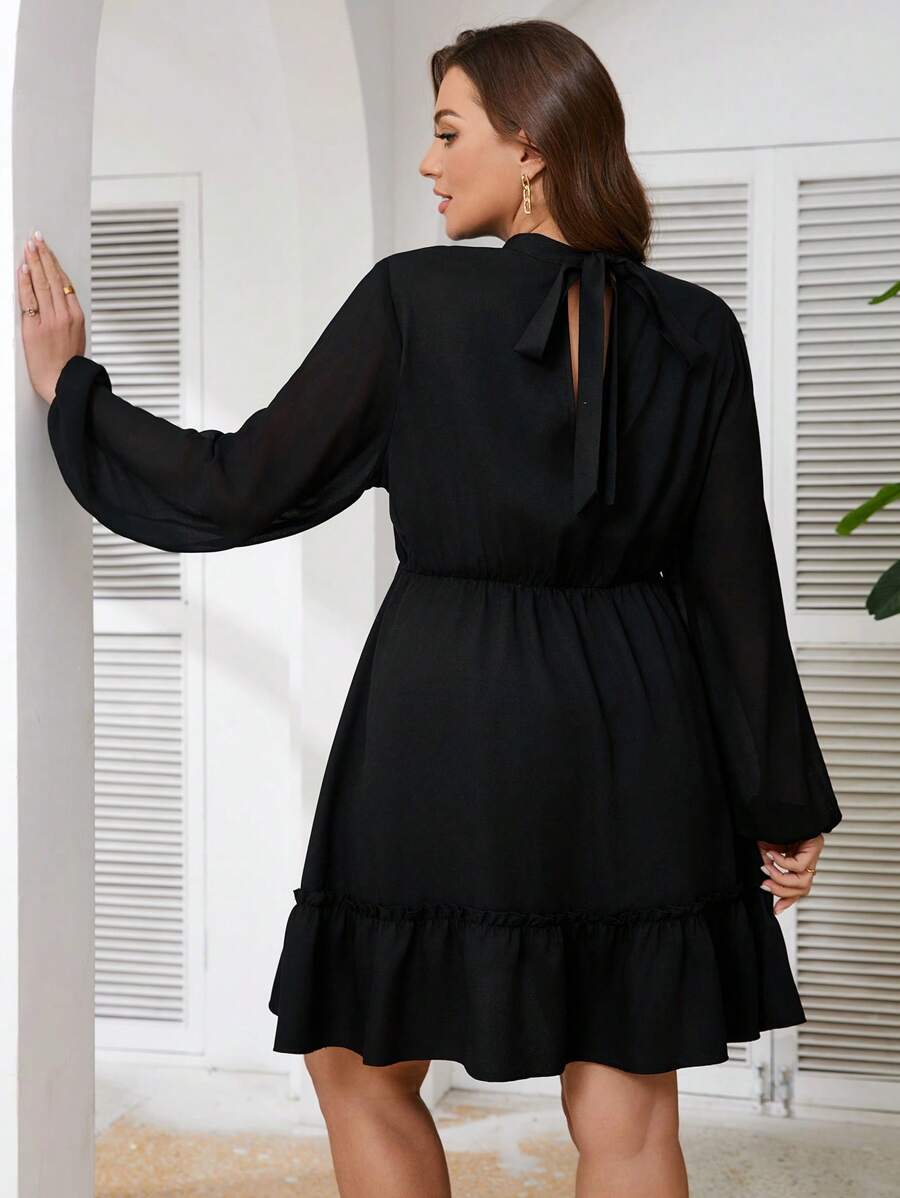 SHEIN Frenchy Plus Size Women's Tied Back Waist Patchwork Fabric Casual Black Dress - Black - View 1