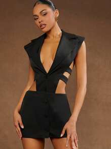 Hauture Áo khoác blazer khoét lỗ màu trơn gợi cảm thời trang xuân/hè cho nữ - màu đen - Xem 1