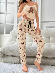 Women's Spaghetti Strap Bear Print Minimalist Top And Long Pants Pajama Set - Multicolor - View 4