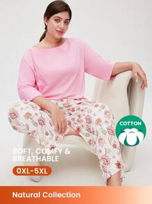 LUVLETTE Conjunto de ropa de dormir para mujer con top de cuello de barco de algodón suave color rosa y pantalones estampados con flores, pantalones con bolsillos. Ropa de salir como ropa interior y conjuntos de salón.