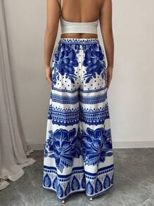 Elenzga Nouveaux pantalons larges à imprimé bleu sur base blanche pour femme, idéal pour les vacances, printemps/été