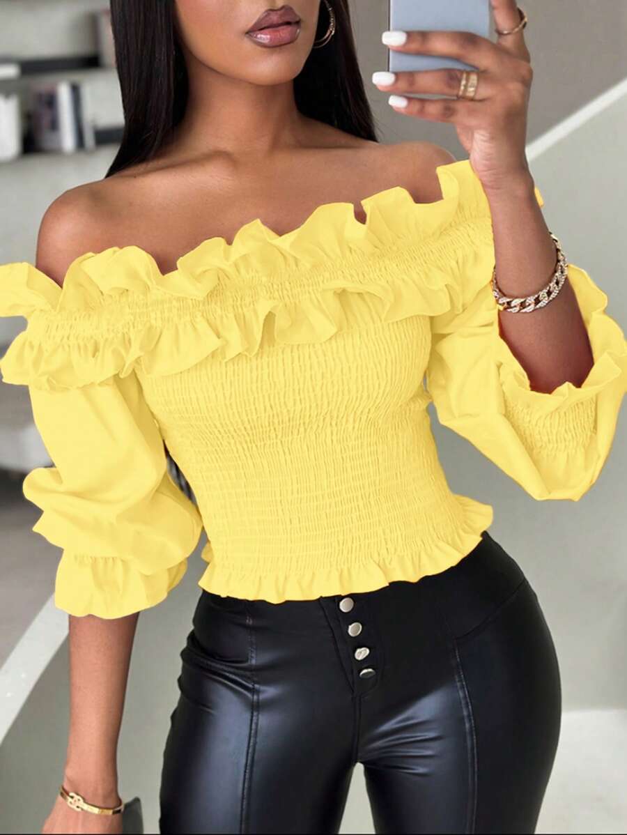 Chiquease Women's Summer Cream Ruffle Decor Open Shoulder Short Blouse, Suitable For Music Festivals, Graduation - Yellow - View 1
