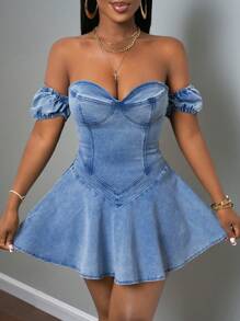 Slaydiva Spring And Summer New Style Casual Street Cute Daily Date Puff Cap Sleeves One Shoulder Wrap Chest Sweetheart Neck V Hem Ruffle Hem Light Blue Women's Denim Dress-EE