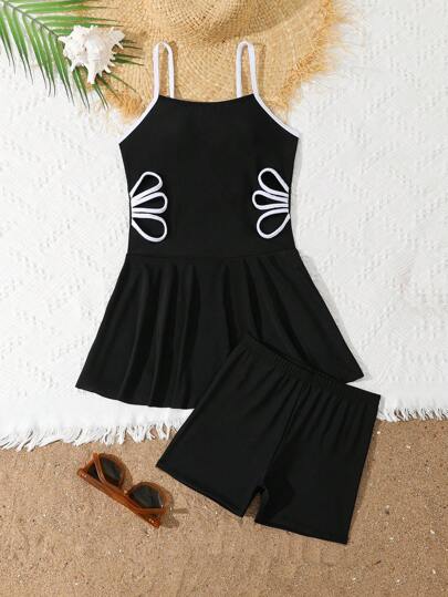 SHEIN Tween Girls' Black & White Contrast Hollow Out Tankini Swimwear Set, Includes Mid-Length Strap Swimdress And Briefs Summer Holiday