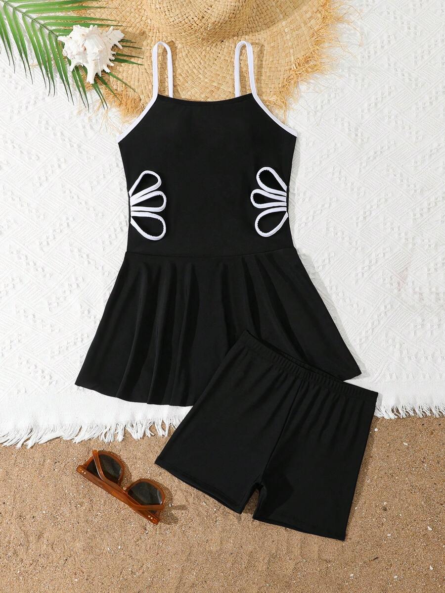 Tween Girls' Black & White Contrast Hollow Out Tankini Swimwear Set, Includes Mid-Length Strap Swimdress And Briefs Summer Holiday - Multicolor - View 1
