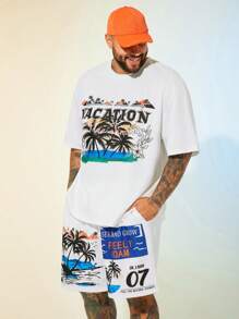 Manfinity VCAY Plus Size Men Loose Casual Holiday Knit Short Sleeve Round Neck T-Shirt And Shorts Set - White - View 3