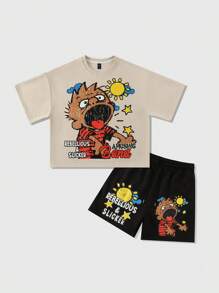 ROMWE MEN Street Life Herren Set aus Cartoon bedrucktem T-Shirt mit Boxiger Passform und Shorts