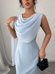 Elenzga Đầm nữ cổ cao chắp vá bằng vải chiffon thiết kế mới - Màu xanh lam - Xem 5