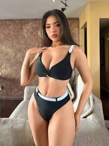 SHEIN Swim 女士撞色性感时尚比基尼套装，适合海滩度假，适合夏季海滩度假 - 彩色 - 查看 4