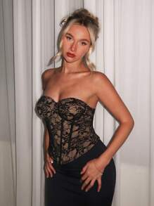 Glamine Áo corset ren đen gợi cảm không dây cho nữ - màu đen - Xem 6