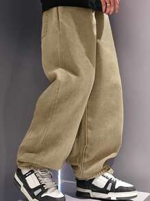 Denimly Khaki Baggy Jeans -Teen Teen Boy Denim Wear- Casual Daily Urban Street Elastic Waistband Baggy Jeans,Khaki Denim. - Khaki - View 3