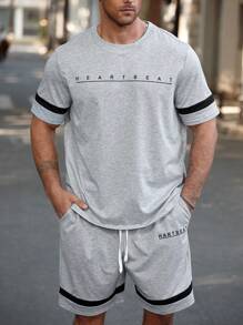 Manfinity Homme Men's Plus Size Round Neck Short Sleeve Top & Shorts Casual 2 Pieces Set - Black and White - View 4