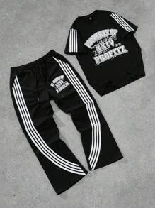 Manfinity Streetrush Manfinity Streetrush Men's Color Block Stripe & Letter Print T-Shirt And Pants Set,Boyfriend Gifts