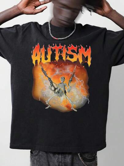 Manfinity Dauomo Tricou casual cu mânecă scurtă pentru bărbați, cu imprimeu de craniu și litere, mărime mare