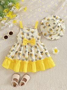 Vestido de tirantes con estampado de abeja lindo para bebé/niña pequeña, primavera/verano - Amarillo - Ver 1