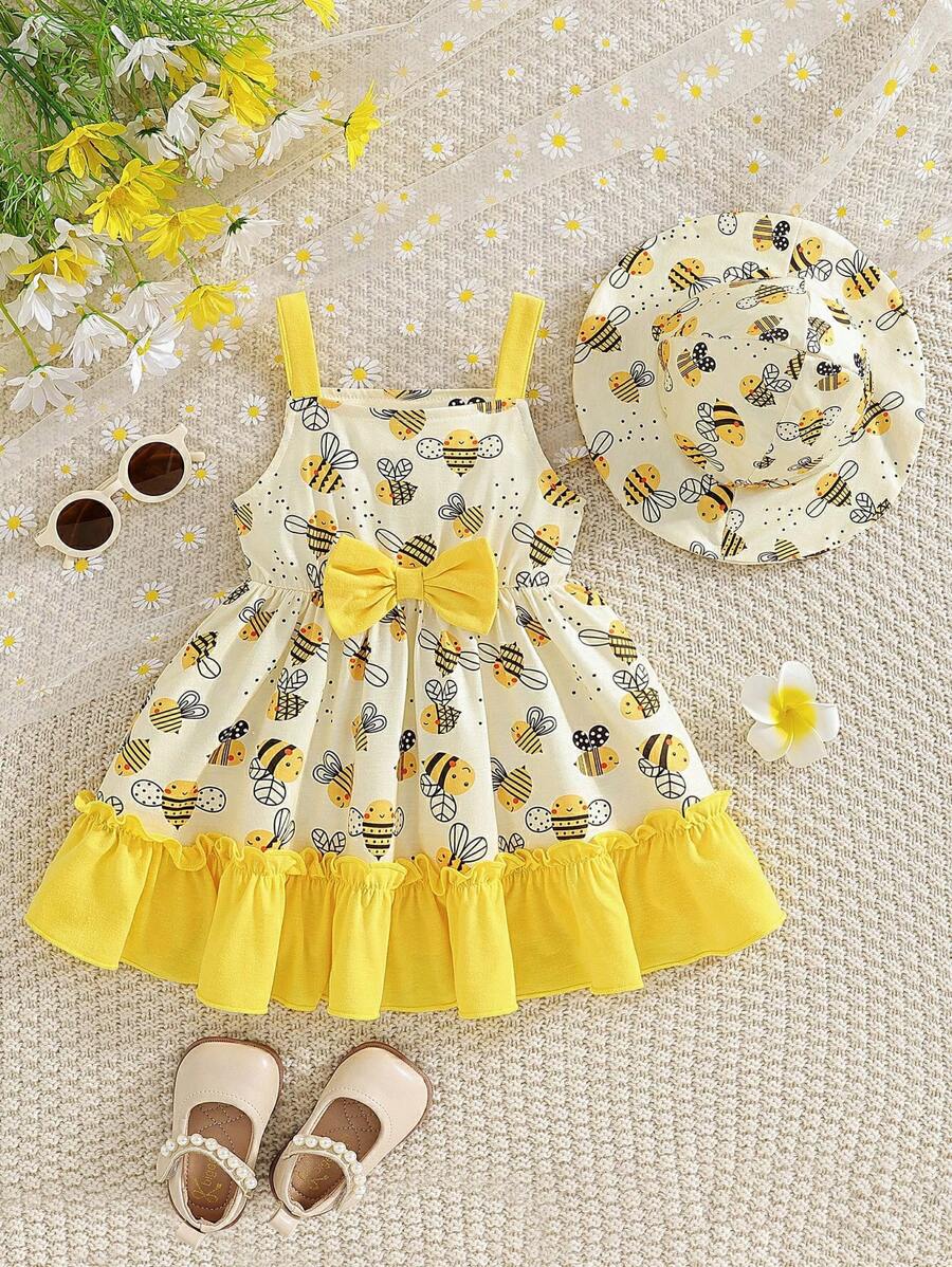 Vestido de tirantes con estampado de abeja lindo para bebé/niña pequeña, primavera/verano - Amarillo - Ver 1