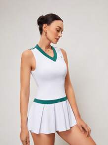 Activina Vestido deportivo corto sin mangas con empalme en contraste para mujer - Blanco - Ver 6