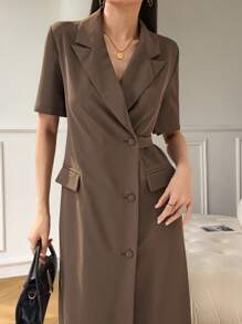 Modelyn Vestido largo casual y con botones delanteros de unicolor para uso cotidiano - Café - Ver 4