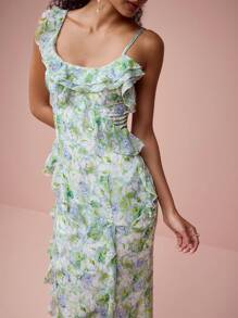 Enchnt Spring/Summer Romantic Women's Green Floral Print Ruffle Suspender Mermaid Maxi Dress,Sweet&Elegant For Birthday&Holiday Party&Wedding Season&Sweet Date &Prom&Garden Parties&Vacation